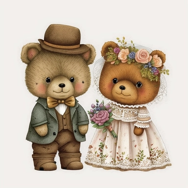 cute teddy bears getting married, handpainted, clipart, white background