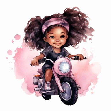 Cute little girl black skin sitting on her motorcycle pink watercolor Clipart