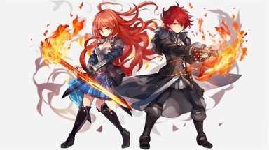 an anime character with red hair and blue flames, transparent background png clipart,anime,a city,a person with red hair and black clothes holding a sword in her hand,friends
