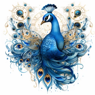 Watercolor intricate steampunk illustration of peacock with blue sapphire, clipart on white background, HQ, HD