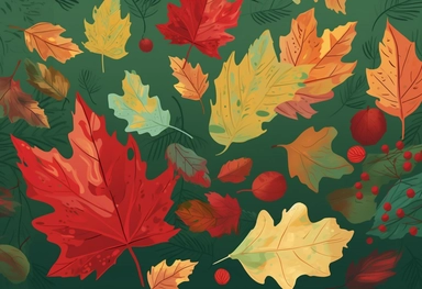 autumn leaves, tree, maple leaves, autumn clip art, autumn, stock image, in the style of flat illustrations, detailed background elements, 3840x2160, 20th century scandinavian style, nature morte, red and green, whimsical cartoon-style
