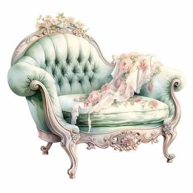 Pastel watercolor Victorian Ornate Chaise Lounge Intricately carved wooden frame with elegant curves adorned with soft floral patterns and upholstered in plush pastel fabrics clipart isolated on white background, Soft mint green and antique cream with hints of blush pink pastel color palette, in brush style of Willem Haenraets, clean edges around image, in the style of pastel watercolor illustrations, feminine sensibilities, detailed illustrations, heavy shading, delicate painterly touch, 300 dp
