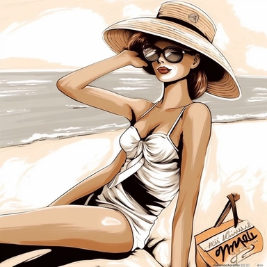 portrait view, full view, clipart illustration, beautiful lady sunbathing on beach, exact image, sharp focus, high detail, (--iw 5)