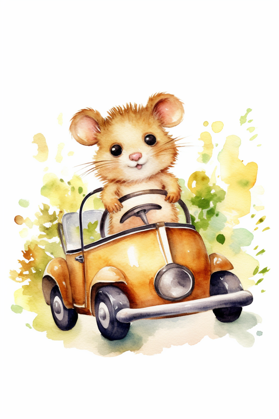 Create a watercolor clipart picture of a hamster driving a car, white ...