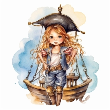 Cute little pirate girl standing on his pirate ship watercolor Clipart