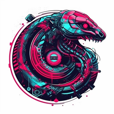 futuristic cyberpunk red mark with a symbol of a coiled serpent, representing cunning and adaptability, neon colors, clipart, cartoon style, grunge effect, schematic, pastel color palette, gamer item, very high quality, perfect details, ultra clear lines, isolated on white background