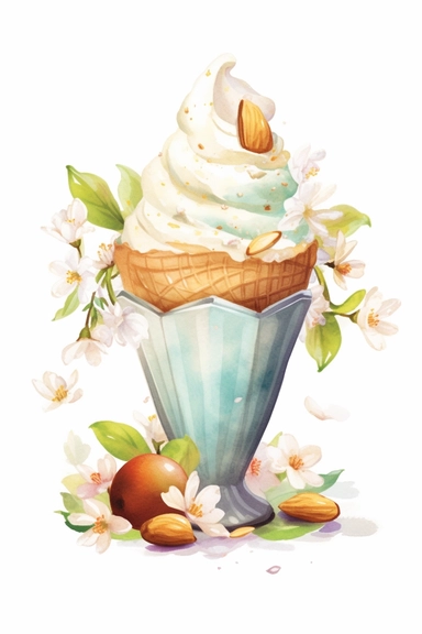 picturesque, a bright almond sundae, clipart on white background, watercolor style, spring vibes, detailing in pastel colors, high quality, painted by Beatrix Potter, 8k