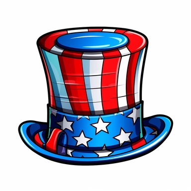 a top hat in american flag color pattern, 2d, clip-art, clean, t-shirt vector design, isolated in white background