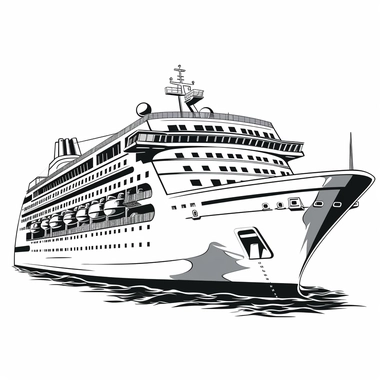 Please generate an all-white stylish cruise ship clipart. The clipart should have a sleek and modern design, showcasing a sense of elegance and sophistication. The ship should have a clean and streamlined shape, with smooth lines and minimalistic details. The white color should dominate the image, representing a contemporary aesthetic. Pay attention to the overall composition and balance of the design. The ship should include features such as windows, decks, and smokestacks, while maintaining a 