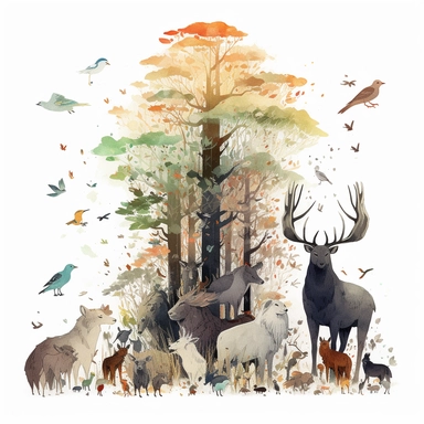 In the style of Ryo Takemasa, xuan loc xuan, Lisa Audit, Anastasia Suvorova, Jon Klassen, greg tocchini, separated isolated single of Complex Epic ghibli forest animal, the animals must be detailed, colorful, white background, magical, fantasy, vector, clipart, elaborate, ultradetailed, best quality, well composed, vibrant color tone, trending on artstation, elaborate, cinematic lighting, vibrant colors, high definition