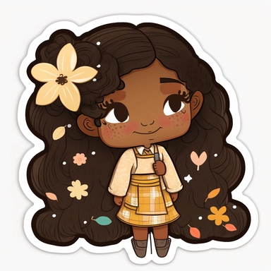 Clipart sticker of happy adorable brown skin black kawaii girl wearing a cozy fall sweater, printable planner sticker, white thick stroke, cozy illustration