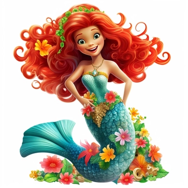 A beautiful smiling mermaid, highly detailed, long hair, beautiful flowers and coral, highly detailed tail, full body image, pixar style, clipart