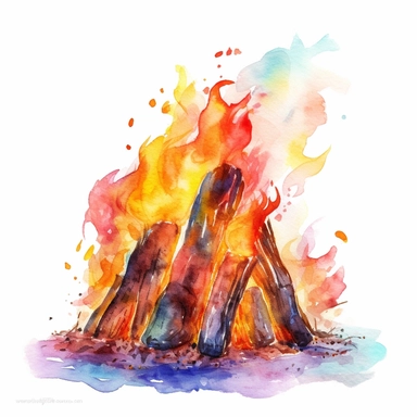 watercolor colorful clipart of a bright bonfire, hd, on white background