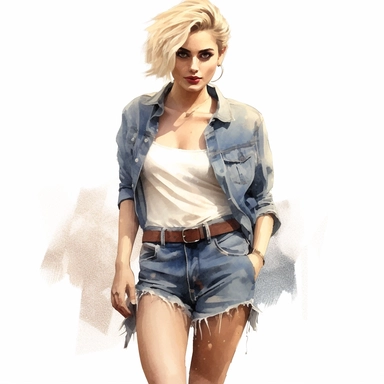 glamour model posing, short blonde hair ripped jean skirt, full length, watercolour style, fine details, 8k clipart png transparent