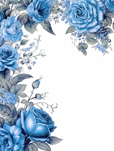 vintage beautiful victorian shabby chic high class blue roses corner frame on white background, blue theme, illustration, clipart
