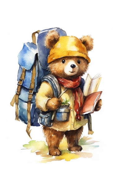 A cute adorable Teddy Bear go to school,clipart, wearing a backpack, Watercolor clipart in the style of nursery art children book character, hand drawn,perfect for a gender-neutral nursery, high-quality, centered in the middle of the image, in the adapted style of marc chagall.