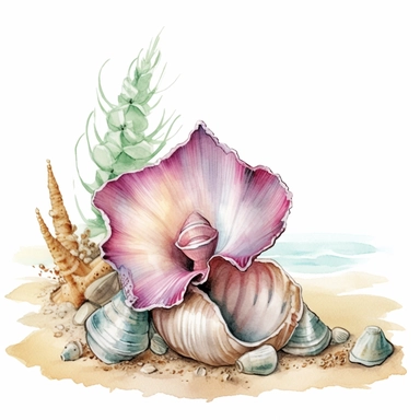 hand drawn sandy beach with a conch shell sitting in the sand, orchid bloom beside the conch shell, glamorous, clipart style, detailed and realistic, watercolor, white background with margins