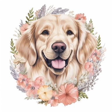 hand drawn, illustration, very detailled lines, soft colors, golden retriever portrait, circular border of pastel flowers, photorealistic, hyperrealistic, white background, clipart, png