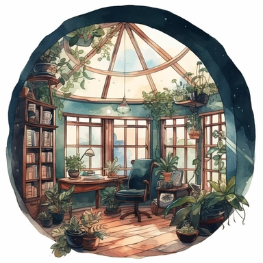 a watercolor clipart of a bookroom with a big round window, white background clipart, plants and nature, in the style of darkly romantic illustrations, uhd image, studyplace, fairycore, charming character illustrations