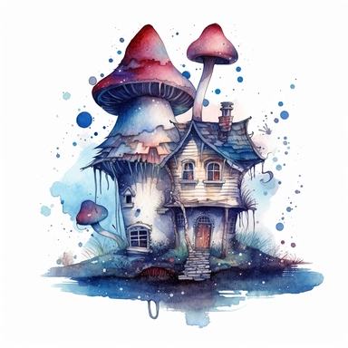 clipart watercolor creepy mushroom house with crescent moon and stars, fantasy, detailed, white background, illustration painting, collaged constructions, digital art, in the style of sculptural and geometric, forced perspective drawings, Geometric brushstrokes form an intriguingly abstract, painterly figure