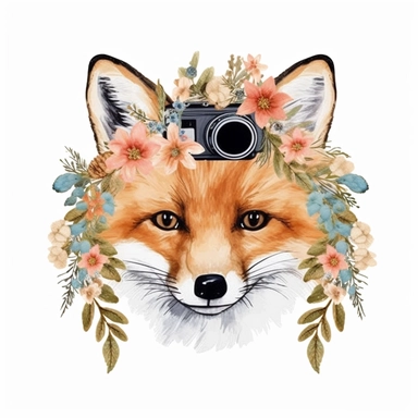 one foxe with floral crown clip art trên nền trắng, in the style of fujifilm gw690iii, appropriated images, detailed nature depictions, no watermark, text, 300 DPI , typography, shapes do not stick together, no text in the picture, on a white background