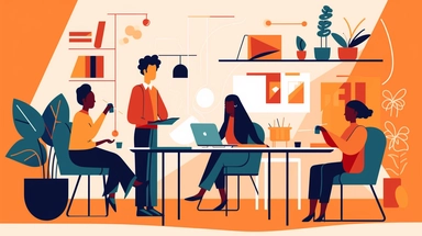 clipart of a scene of 5 diverse office staff working together in an office, Alegria style, corporate memphis style, minimalist style, minimal lines, flat art, bold colors, upbeat, happy, expressive, friendly, high resolution, 8k