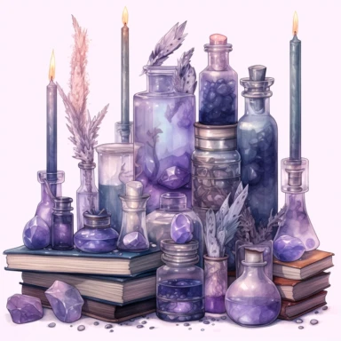 Picture of bottles, books, and candles, in the style of dreamlike fantasy creatures, violet and gray, detailed background elements, fairy academia, mysterious backdrops, made of crystals, natural phenomena, watercolor clipart