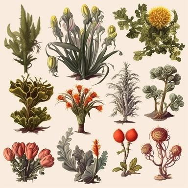 clipart set of garden plants, renaissance-inspired, oil painting style