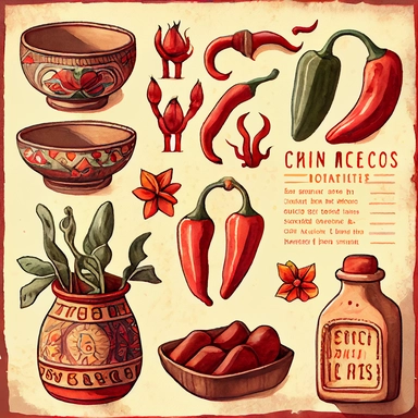 Draw a set of watercolor-style clip art images that feature red chilis that resemble Mexican ceramics and tiles. The images should have a rustic and intricate aesthetic, and should incorporate elements such as shape of country of Mexico in various shapes and sizes with traditional Mexican patterns and designs, made from different colors and shades. The images should be depicted in a variety of different styles and sizes, and should be adorned with details such as texture, shading, and other real