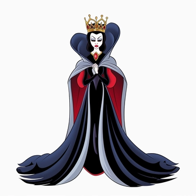 2d thick-lined clipart illustration of an evil but beautiful countess, in the style of 1959's sleeping beauty movie, white background