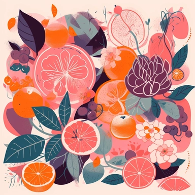 isolated clipart illustrations combining vibrant and pastel colour palettes to evoke feelings of joy, innocence, and enthusiasm. Pastel tones, pinks, and purples dominate the palette, creating a harmonious and comforting visual experience, focuses on summer fruits and blooming animated flowers in the style of óscar domínguez on isolated white background