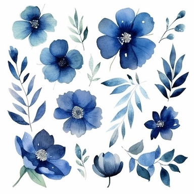 watercolor, handpainted blue boho floral clipart, transparent background, spaced out--ar 3:2