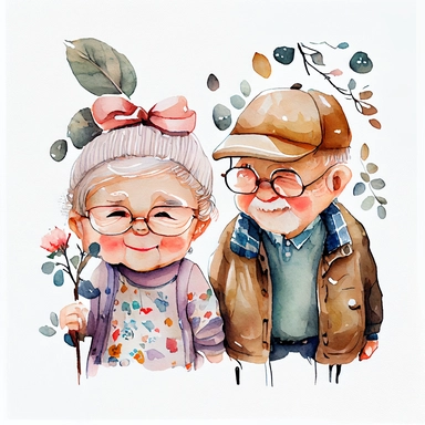 cute adorable happy grandparents, clear white background, handrawn watercolor graphic clipart, cute Children's Drawing, isolated