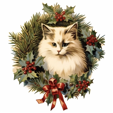 vintage clip art of a ragdoll cat in a Christmas wreath