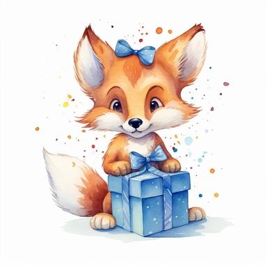 A Cute fox holding birthday present, disney style, clip art, handpaint, watercolor art style, white background