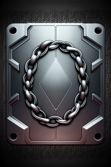grungy metallic Flat coloured card design of a symmetric thick silver chain link icon cardback , cartoony clipart card design, Logo, glowing Gundam visor magic spell icon, little-flat Graphic Design , grey metal grid background
