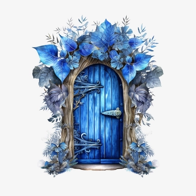 Watercolour beautiful azure blue realistic forest fairy door with realistic perfectly detailed forest leaves beautiful realistic details perfect forest fairy door magnificent details beautiful compelling realistic PNG image,ultra highly detailed, 18k, sharp focus, bright photo with pastel colours digitally enhanced, enhanced graphics, straight, sharp focus, bright lighting, intricate detailed png image ,high definition,300dpi,graphic clipart,computer graphics