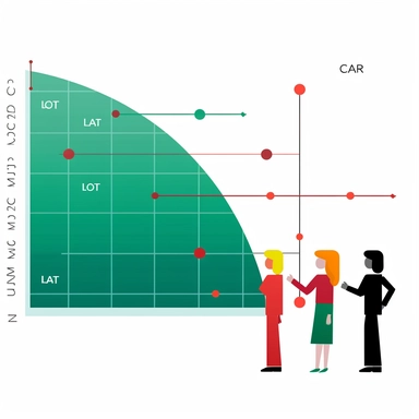 people looking at a RED HEX#EB5454 RGB(235,84,84) graph on a screen in a colourful office with green HEX#038181 RGB(3,129,129) walls, white background, vector design, flat modern illustration, clipart, corporate Memphis style,