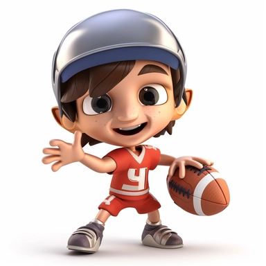 cute chibi boy playing american football, making a pass, passing, wearing a helmet, full body, smiling, american football, Sport graphics, action clipart, 16k, isolated on white background, 3d, rendered by pixar