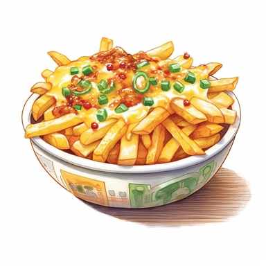 Design an enchanting watercolor, hyper-realistic clipart image with a white background and white margins, featuring a bowl of loaded fries topped with melted cheese, bacon bits, and green onions. The ultra-detailed, hand-drawn elements capture the indulgent toppings and the golden fries beneath. Use bold shades of yellow, orange, and green to create a visually appealing image that conveys the savory and irresistible nature of this dish.