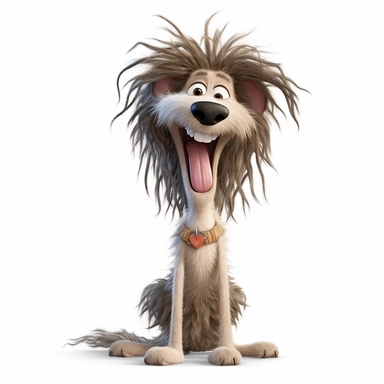a really skinny cartoon dog with big smile, hair frizzed out, funny, full body image, pixar style, clipart, white background