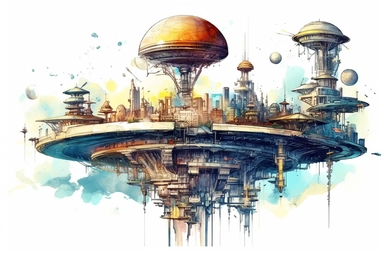 Watercolor, Imagine a planet with a cityscape made entirely of levitating platforms and walkways clipart, hd, on a white background, spaced out