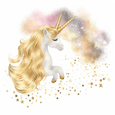 one gold glitter unicorn clipart with a rainbow an fluffy gold clouds,, white background