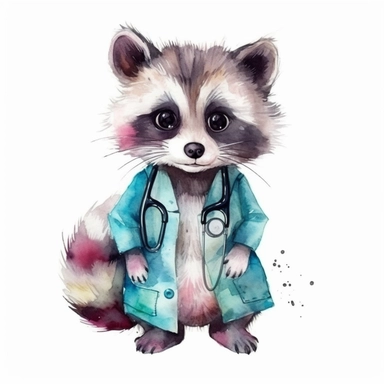 Cute Raccoon Dog BABY, BEAUTIFUL big SHINING EYES ,HAPPY, dressed as a Doctor , Watercolor Little Animals Clipart, COLORFUL