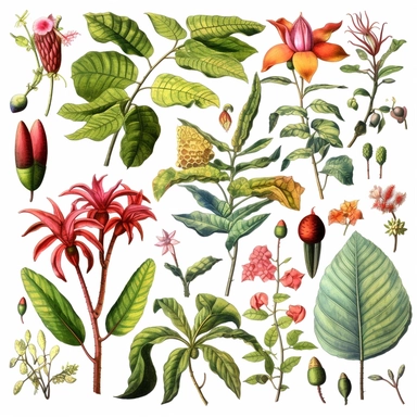 Clipart, vintage, watercolor, historical drawings of diverse and exotic Amazonian flora by pioneering botanists, hand-draw, texture
