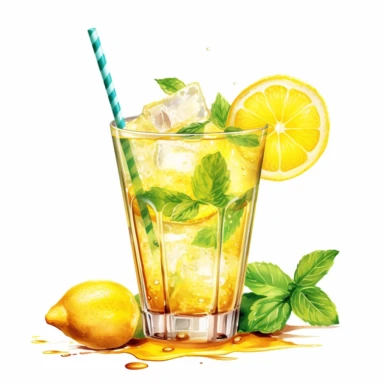 Create hiperrealistic photo on white background clipart of a yellow cocktail with a straw and lemon, capturing its refreshing essence. Include key ingredients, cocktail glassware, garnishes, and a harmonious color palette