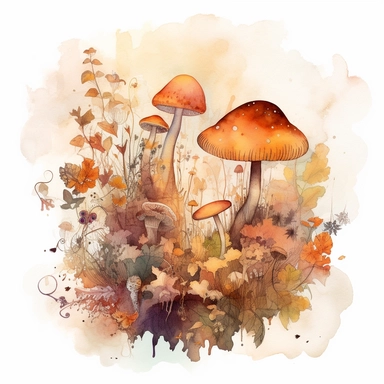 In this watercolor illustration, a mystical mushroom takes center stage, painted with vibrant hues and surrounded by delicate flowers and lush plants. The clipart design captures a magical scene, where fairies flit about in the air, their ethereal forms highlighted against a watercolor backdrop. The white background provides a stark contrast to the dominant autumn orange and browns color scheme, enhancing the enchanting atmosphere of the artwork. The intricate details of the flora and the playfu