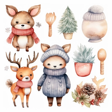 Watercolor collection clipart winter elements snowflakes, kawaii reindeer, ice skating, scarf, neutral colors, no background