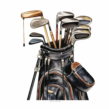 Idyllic watercolor clipart of a black golf bag and 8 TaylorMade golf clubs, isolated on a pure white background, insane detail,