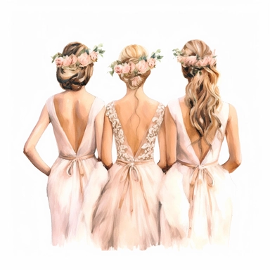 glamour dolce & gabbana half body back shot, watercolor white wedding dress bride wedding hairstyle with beautiful gold headpiece clipart, + two bridesmaids in pink dress, hd, isolated on white background, spaced out ar 3:2